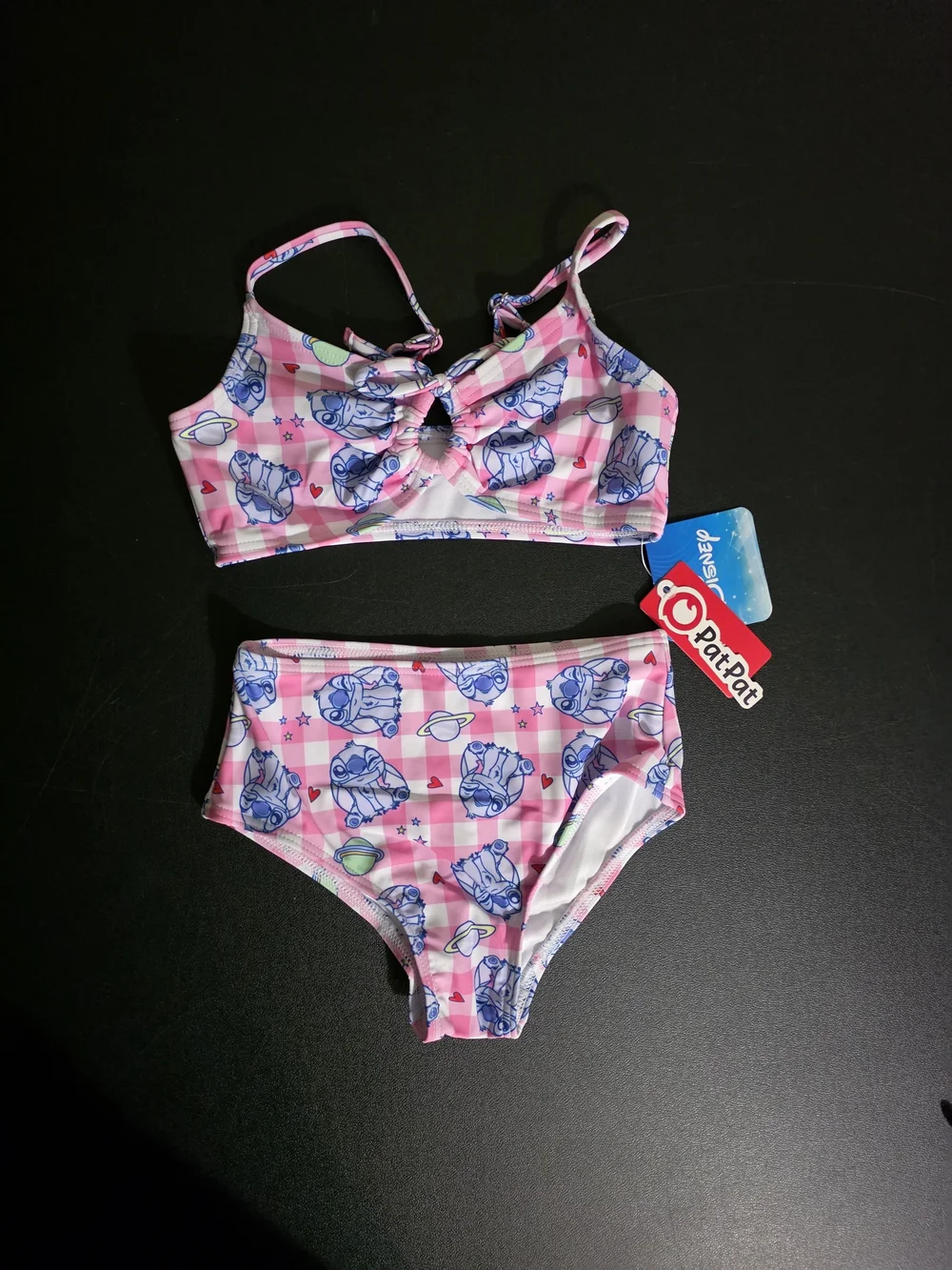 PatPat Pink and Blue Checkered Girls' Lilo And Stich Two-Piece Swim Set